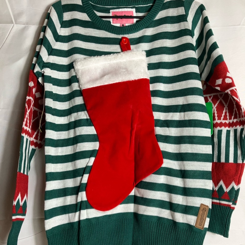 Tipsy Elves Green and Red Striped Sweater with Stocking